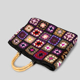 weiyinxing Crochet Granny Square Tote Bag Designer Bamboon Handle Women Handbags Knitted Handmade Woven Big Shopper Purses 2023 Bag