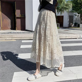 Weiyinxing Flower Lace Skirt Spring Summer Women High Waist Boho Beach Long Skirts Vintage Pletaed Gauze Skirt Sweet Beige N430