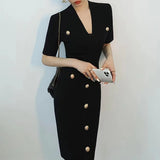 Weiyinxing Neck Knitted Dress Slim Women Sheath Party Elegant Dress Metal Buttons Vintage Short Sleeve Bodycon Office Lady Dresses N957