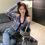 Weiyinxing Neck Plaid Knitted Cardigans Women Sexy Off Shoulder Slim Long Sleeve Crop Tops Single Breasted Slim Girls Korean N058