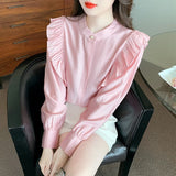 Weiyinxing Long Sleeve Blouse Women Blusas Mujer De Moda 2023 Ruffles Stand Collar Pink Blouse Shirt Women Tops Shirts Blusa G797