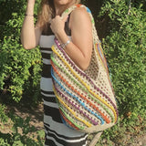 weiyinxing Colorful Striped Straw Women Shoulder Bags Hollow Large Tote Bag Handmade Summer Beach Bag Big Bali Handabgs 2023 Holiday