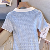 Weiyinxing Dress Women Summer Blue Stripe Casual Polo Slim Mini Dresses Elegant O-neck Short Sleeve High Waist Dress Sweet N716