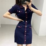 Weiyinxing Women Mini Knitted Dress Vintage Metal Buttons High Waist Sheath Pencil Dresses Turn-down Neck Elegant Dress Office Lady N237