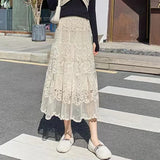 Weiyinxing Flower Lace Skirt Spring Summer Women High Waist Boho Beach Long Skirts Vintage Pletaed Gauze Skirt Sweet Beige N430