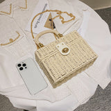 Weiyinxing Women's Fashion Chain Box Crossbody Bag Rattan Straw Woven Shoulder Bag Female Summer Beach Bag Portable Small Handbag Purse bag