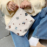 Weiyinxing Canvas Cotton Women Makeup Bag New Organize Zipper Pen Bags Cute Cat Embroidery Travel Wash Pouch Female Cosmetic Clutch