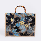 weiyinxing Bamboo Handle Women Handbags Sequins Embroidery Tote Bags Casual Linen Large Capacity Summer Beach Bag Big Female Purse