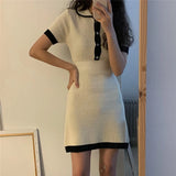 Weiyinxing Down Collar Knitted Dress Women Short Sleeve Mini Dress High Waist Dresses Korean Elegant Office Lady Bodycon Vestidos N324