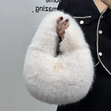 Weiyinxing Soft Plush Half Moon Bags for Women Designer Fluffy Faux Fur Lady Handbags Luxury Small Tote Female Winter Purses 2023