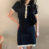 Weiyinxing Down Collar Knitted Dress Women Short Sleeve Mini Dress High Waist Dresses Korean Elegant Office Lady Bodycon Vestidos N324