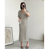 Weiyinxing Polo Women Striped Knit Dress 2023 New Loose Casual Midi Long Dress Vintage Short Sleeve Female Straight Robe Mujer P884