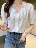 Weiyinxing Short Sleeve White Blouse Women Lace V-Neck Blouse Shirt Blusas Mujer De Moda 2023 Verano Women Tops Blouses Shirts F452