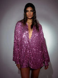 Weiyinxing Shiny Button Up Shirt Women Party Dress Sexy Sequins Party Club Loose Female Tops 2023 Fashion Street Sparkle Blouses