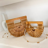 Weiyinxing New Half Moon Wooden Shoulder Crossbody Bags for Women Bamboo Woven Summer Beach Straw Bag Rattan Small Phone Purse