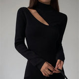 Weiyinxing Turtleneck Knitted Dress Black Slim Women Minimalist Elegant Long Sleeve Midi Dress Party Office Bodycon Vestidos O146