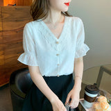 Weiyinxing Shipping Blouses Women Short Sleeve White Lace V-Neck Chiffon Blouse Shirt Tops Women Blusas Mujer De Moda 2023 Verano F482