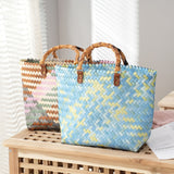 weiyinxing Bamboom Handle Rattan Women Handbags Wicker Woven Basket Bag Handmade Summer Beach Straw Bag Casual Small Tote Purses