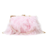 Weiyinxing Women Feather Evening Purse with Pearl Strap Chain Clutch Handbag Tote Female Elegant Dinner Party Shoulder Crossbody Bag