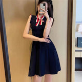 Weiyinxing Knitted Dress Women Loose French Elegant Slim Sleeveless Mini Dress Sweet Casual A-line Office Lady Bodycon Vestidos N727