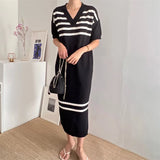 Weiyinxing Women Elegant Knitted Dress 2023 Spring Summer Vintage Striped Long  V-Neck Ladies Dreses Korean Office Lady Midi Vestidos P488