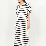 Weiyinxing Polo Women Striped Knit Dress 2023 New Loose Casual Midi Long Dress Vintage Short Sleeve Female Straight Robe Mujer P884