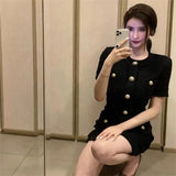 Weiyinxing Knitted Mini Dress 2023 Spring Summer Elegant O-neck Party Black Slim Button Bodycon Dress Feminina Sweater Dress P589