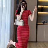 Weiyinxing Stripe Knitted Bodycon Dress Simple Elegant Sheath Robe Office Lady Korean Sexy Elastic Basis Bottoming Long Dress P885