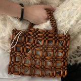 weiyinxing Wooden Beading Women Handbags Hollow Handmade Woven Small Tote Bag Vintage Summer Bags Creative Female Purses 2023 Bag