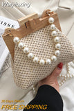 Weiyinxing Weave Straw Shoulder Bag for Women 2023 Summer Wooden Top Handle Clip Bag Luxury Designer Handbags Trend Female Handbag