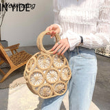 Weiyinxing Hollow Straw Bags For Women Designer Wooden Handle Rope Woven Handbags Rattan Summer Beach Large Tote Lady Bali Purses