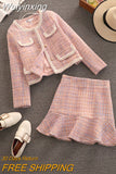 Weiyinxing Quality Fall Winter Plaid Tweed Skirt Two Piece Set Women Woolen Short Jacket Coat + Mermaid Skirt Suits Sweet 2 Piece Set