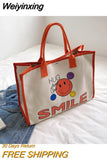 Weiyinxing Canvas Women Cute Smile Handbag Large Capacity Handle Bag Shopping Tote Bag Fashion Simple Shoulder Bag Environmental