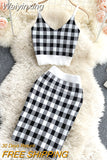 Weiyinxing Plaid Knitted Two Piece Set 2023 Women Sexy Short Vest & Bodycon Mini Skirt Set Women Outfits