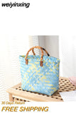 weiyinxing Bamboom Handle Rattan Women Handbags Wicker Woven Basket Bag Handmade Summer Beach Straw Bag Casual Small Tote Purses