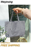 Weiyinxing Cotton Women Lunch Bento Bag Vintage Plaid Canvas Ladies Small Handbags Simple Female Cloth Mini Tote Bag Clutch Purse