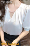 Weiyinxing Top Femme Short Sleeve Blouse Women Blusas Mujer De Moda 2023 Verano Beading V-Neck Chiffon White Blouse Shirt Tops E800