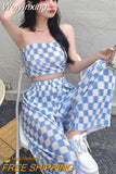 Weiyinxing New Summer Fashion Casual Plaid 2 Piece Set Women Strapless Crop Top + Wide Leg Pants Suits Female Sexy Outfits For Woman