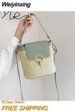 Weiyinxing Chains Straw Bucket Bags Women Summer Messenger Bag Rattan Bags Beach Lady Travel Purses and Handbags Shoulder Bag