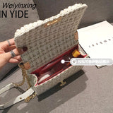 Weiyinxing Winter Fashion New Female Square Tote Bag Quality Woolen Pearl Women's Designer Handbag Ladies Chain Shoulder Crossbody Bag