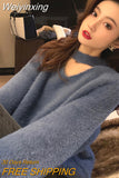 Weiyinxing V-Neck Loose Knitted Sweater Women Mink Cashmere Jumpers Oversized Elastic Casual Pullovers Lantern Sleeve Vintage X470