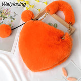 Weiyinxing Faux Fur Heart-shaped Women Small Handbags Fluffy Plush Ladies Chain Shoulder Bag Fashion Female Furry Daily Clutch Purse
