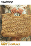 Weiyinxing Straw Bag Rattan Woven Round Tassel Handbag For Women Large Capacity Shoulder Tote Purse Ladies Holiday Wood Handle Bag