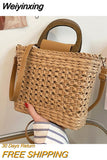 Weiyinxing Women Basket Straw Bags Wood Handle Shoulder Crossbody Bags Casual Designer Rattan Woven Summer Travel Handbag Female Beach Bags