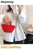 Weiyinxing Summer Straw Shoulder Bags For Women Handmade cotton rope Beach Bags Raffia Rattan Woven Handbags Vacation Shopping Bags