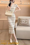 Weiyinxing Stripe Knitted Bodycon Dress Simple Elegant Sheath Robe Office Lady Korean Sexy Elastic Basis Bottoming Long Dress P885