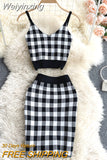 Weiyinxing Plaid Knitted Two Piece Set 2023 Women Sexy Short Vest & Bodycon Mini Skirt Set Women Outfits