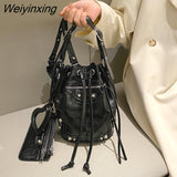 Weiyinxing Luxury Brand Bucket Designer Leather Rivet Crossbody Bags for Women Handbags Fashion Shoulder Messenger Bags Ladies Totes