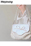 Weiyinxing Fashion Pearl Handle Bolso Mujer 2023 Elegant Embroidered Floral Beige Hasp Women Handbags Lovely Concise Bow Bag Female