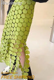 Weiyinxing Dot High Waist Skirts Women Elegant Tassels Hollow Design Long Skirt Casual Straight Skirts Streetwear Party Split Green O083